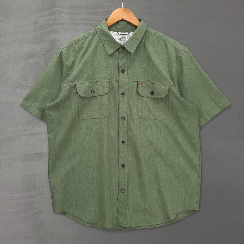 Orvis Button Down Shirt Green Short Sleeve Stretch Pocket Hiking Mens Large